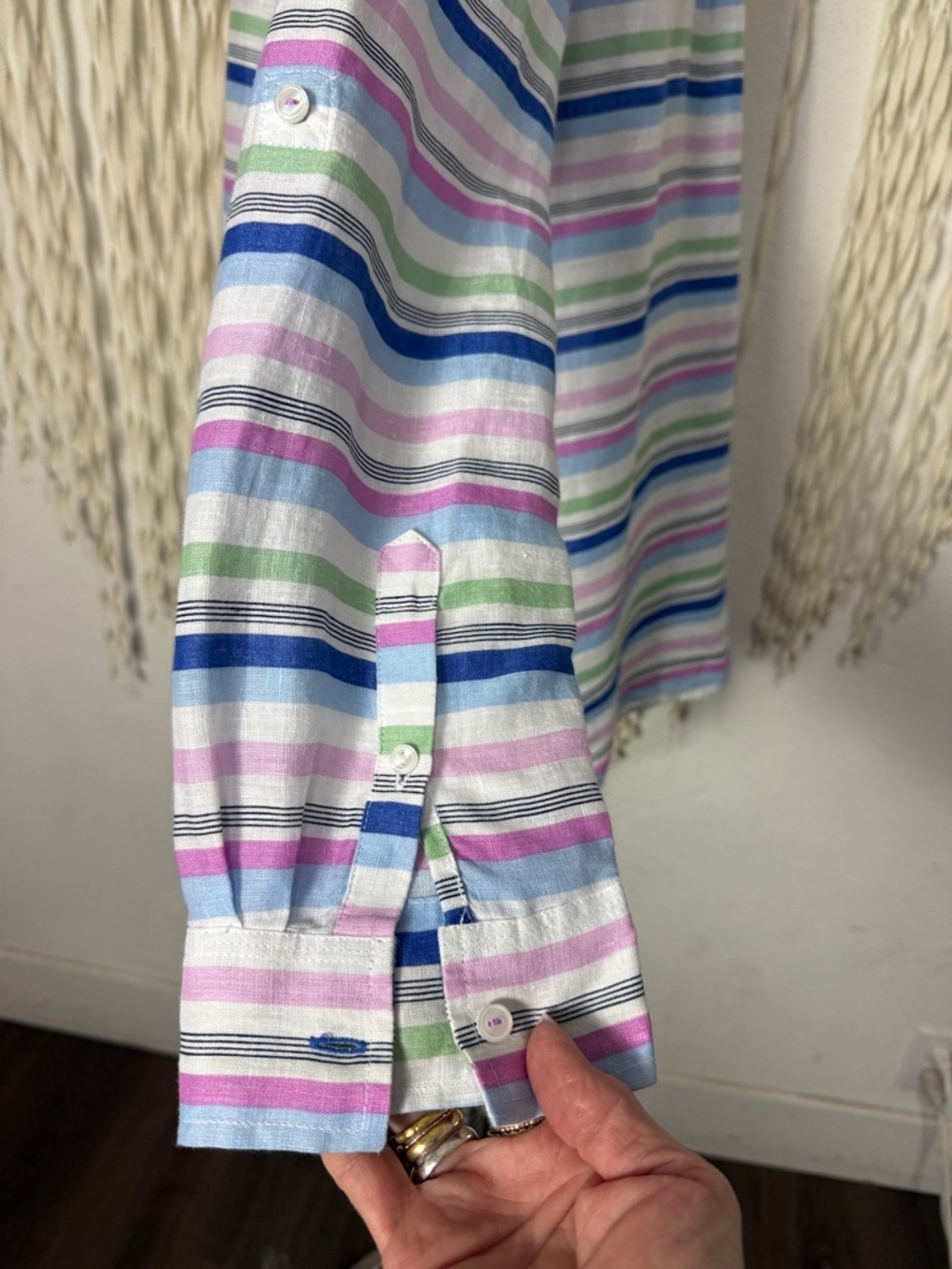 Talbots Stripe Linen Camp Shirt with Roll Tab Long Sleeve Size Large - Picture 4 of 12